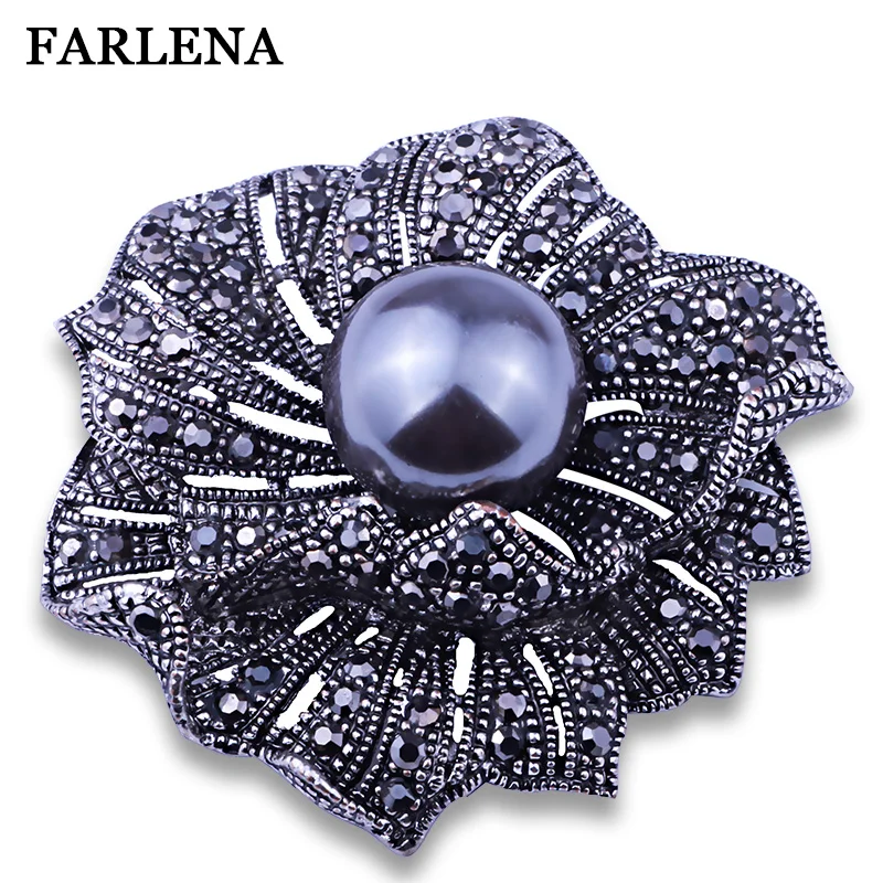 

FARLENA Jewelry Simulated Pearl Flower Shape Brooch Pins Vintage Black Rhinestones Brooches for Women Gift