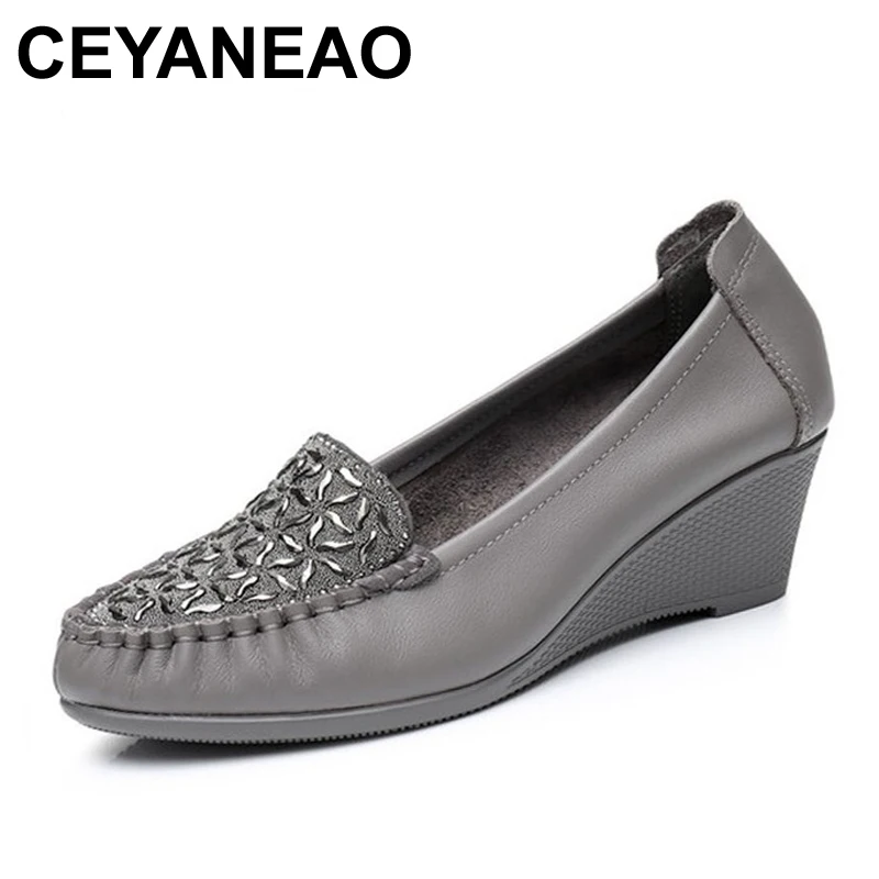 CEYANEAO/Новинка; женская обувь на танкетке из натуральной кожи со стразами; удобные женские лодочки; Модная элегантная обувь на высоком каблуке для мам