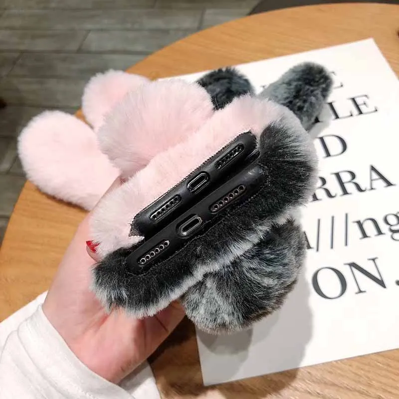 For iPhone 7 8 Xr phone case 3D Cute Rabbit Hairy Warm Fur Cover for 5S 6S Xs 12 11 Pro Max Bling Rhinestone Plush Bunny | Мобильные