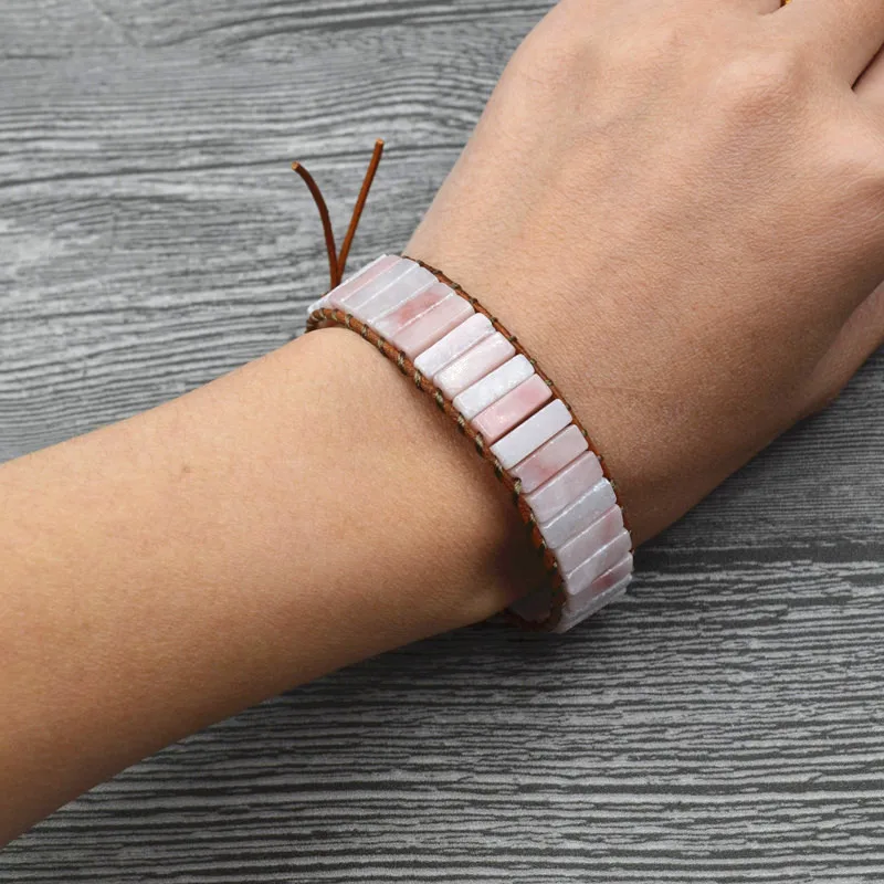 Женский браслет из натурального розового опала с бусинами|Гибкие браслеты| |