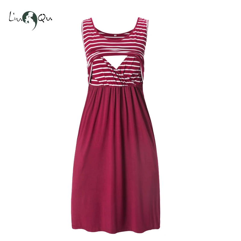 Летняя одежда для беременных Платья без рукавов с высокой талией в полоску