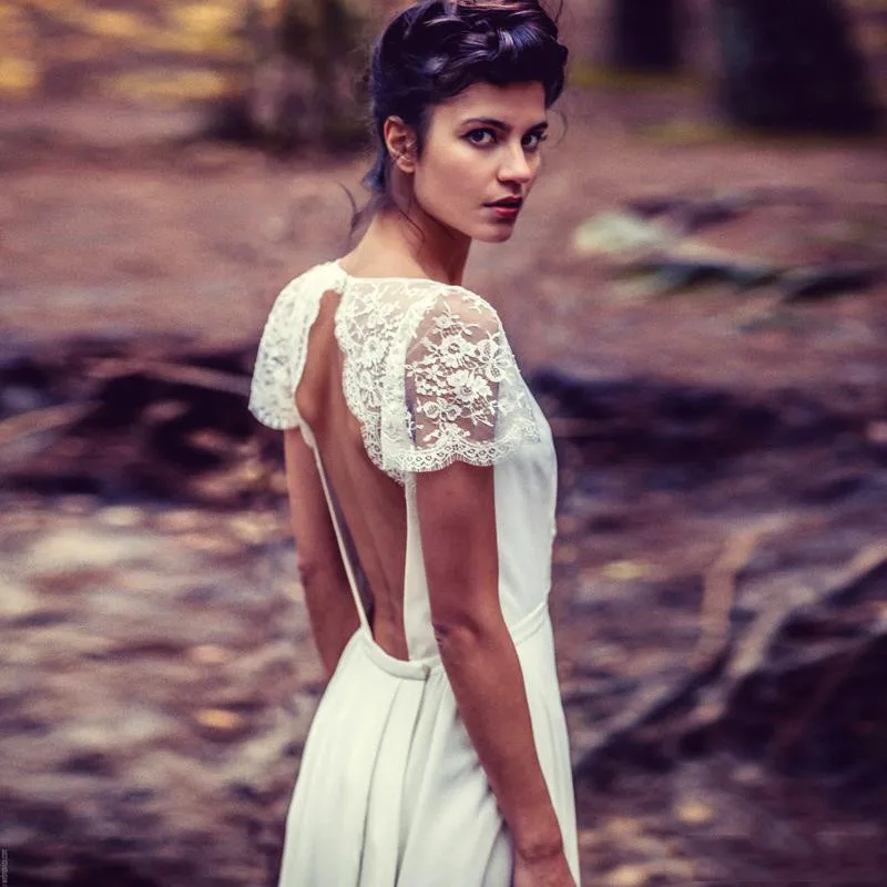 Новый Урожай V Шеи Свадебные Платья С Длинным Boho Шифон Пляж Кружева Cap Рукавом