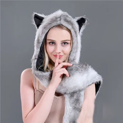 As the picture shows Пушистый для женщин Мода Зима Весна мультфильм животных искусственный мех волк кошка уха шапка шапочки с варежки Прихватки для мангала плюш - Цвет: As the picture shows