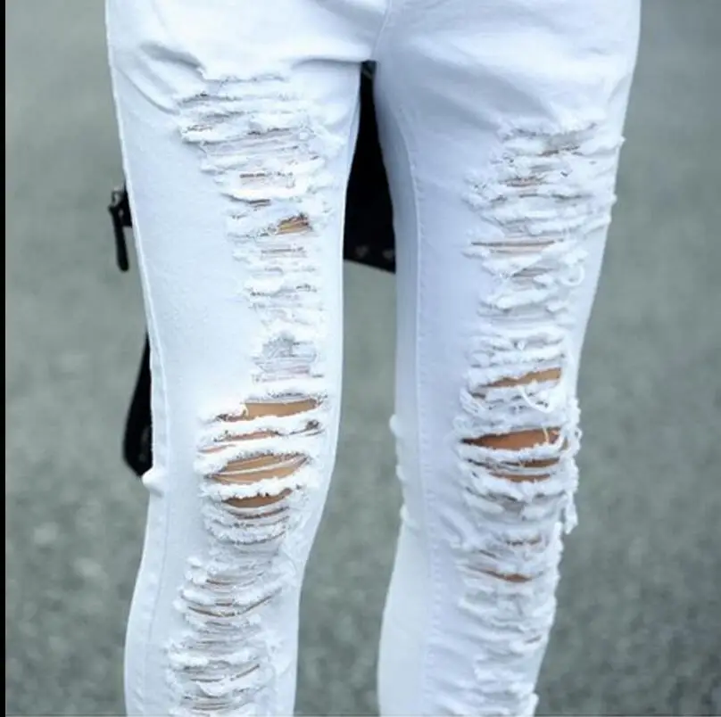 

Hot 2021 New Fashion Personalized Summer Hole Jeans Tight Fitting Black And White Pencil Pants Nightclub Hairstylist trousers