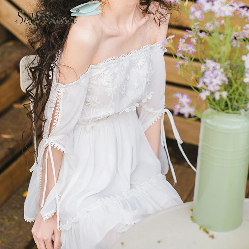 Женское Короткое платье Boho белое шифоновое с цветочной вышивкой Пляжное мини