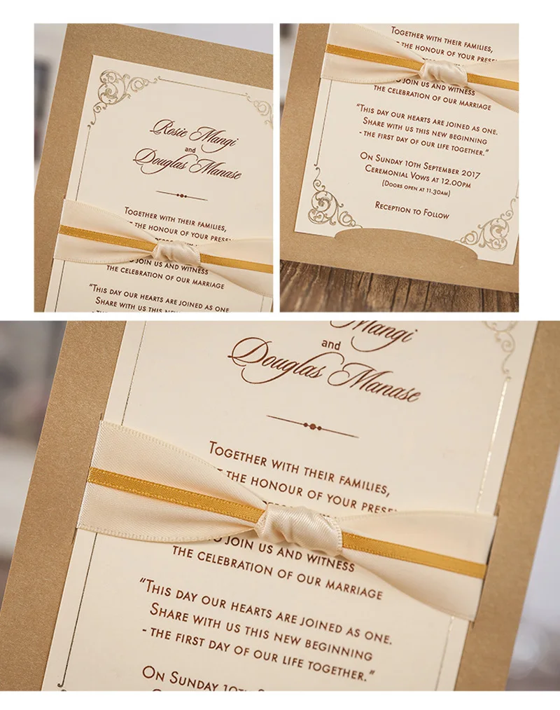 100 шт/партия крафт дизайн свадебные приглашения карты с бантом ленты для