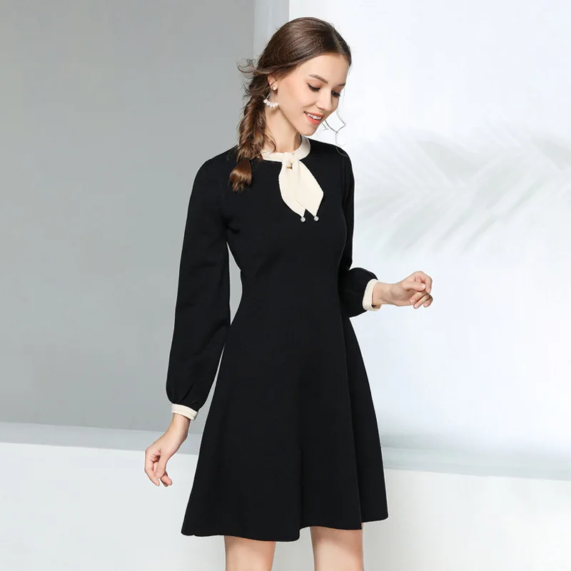 Шикарное зимнее черное платье свитер 2018 женское вязаное плотное с круглым