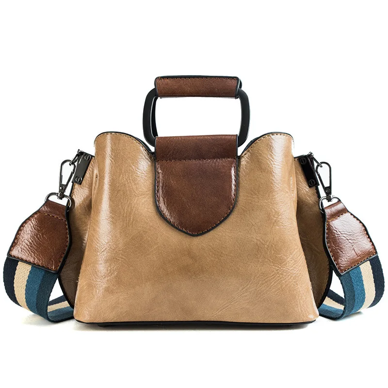 Корейская версия масляного воска сумка мешок простой цвет широкий плечевой