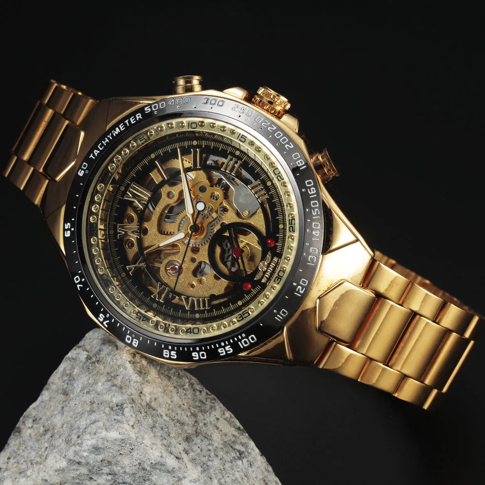 Часы WINNER Top брендовые роскошные золотые мужские часы повседневные полностью стальные автоматические