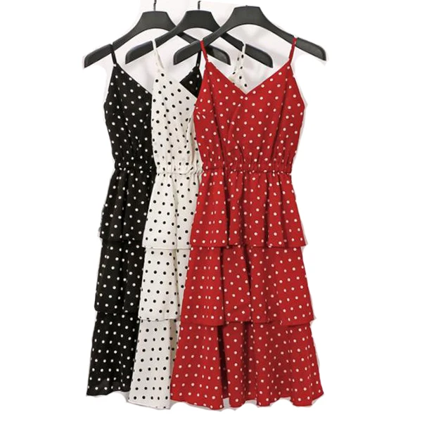 Черный белый красный Kawaii горошек летнее платье Для женщин рукавов бретельках v