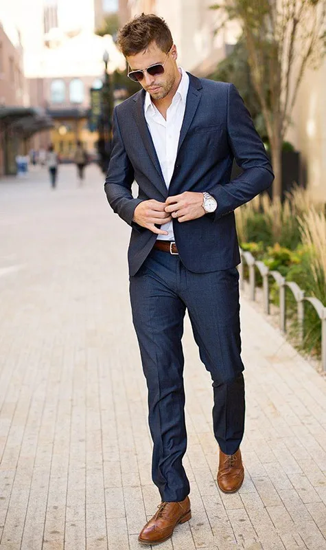 

Navy Blue Gentleman Groom Tuxedos One Button Slim Fit Custom Made Men's Suit Wedding Tuxedo ( jacket+Pants+tie)