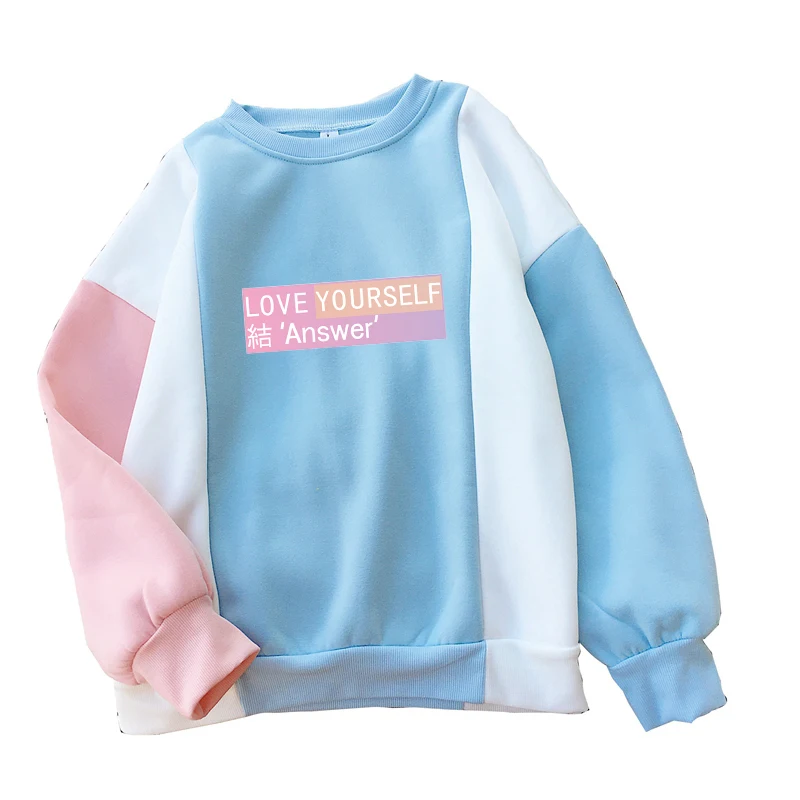 Для женщин Harajuku толстовки осень Bangtan альбом Love себя ответ сладкий Цвет блок с капюшоном в стиле пэчворк кофты Dropship