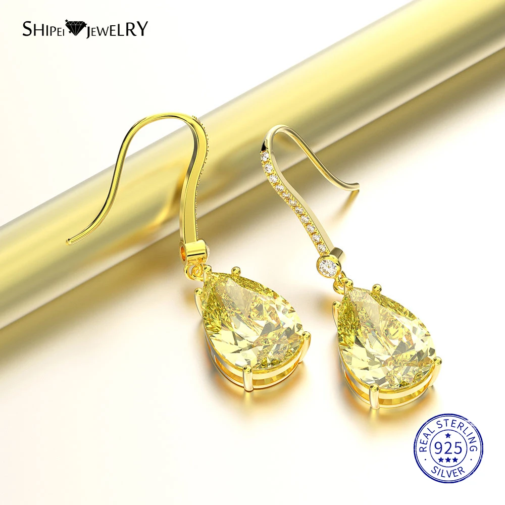 Shipei, 925 пробы, серебряные, желтые сапфировые серьги в форме капли воды, Красивые Висячие серьги в форме капли, свисающие серьги для женщин, подарок на день рождения