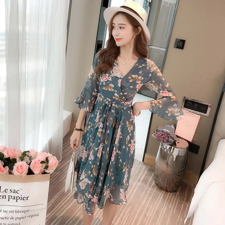 Huti wjwyl New Floral Print Sweet Chiffon Fresh Dress Women V-Neck Party Half Sleeve Lady Beach Holiday A-Line Vestidos | Женская одежда
