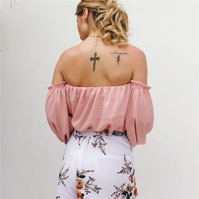 Сексуальная Slash шеи однотонные розовые белые летние Шифоновая блузка рубашка Blusas