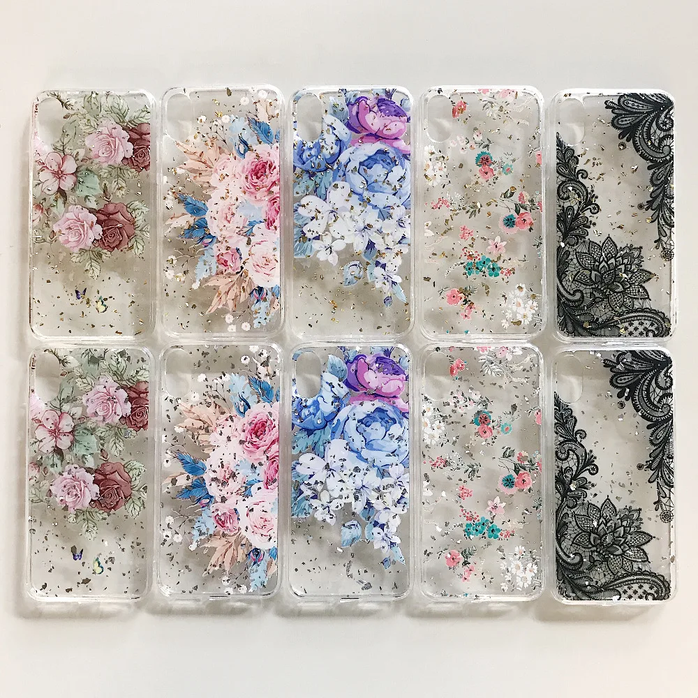 Qianliyao, чехлы для телефонов с цветами из золотой фольги для iphone X, XS, Max, XR, 8, 7, 6 S, 6 Plus, тонкая прозрачная мягкая задняя крышка из ТПУ, кружевные цветочные чехлы