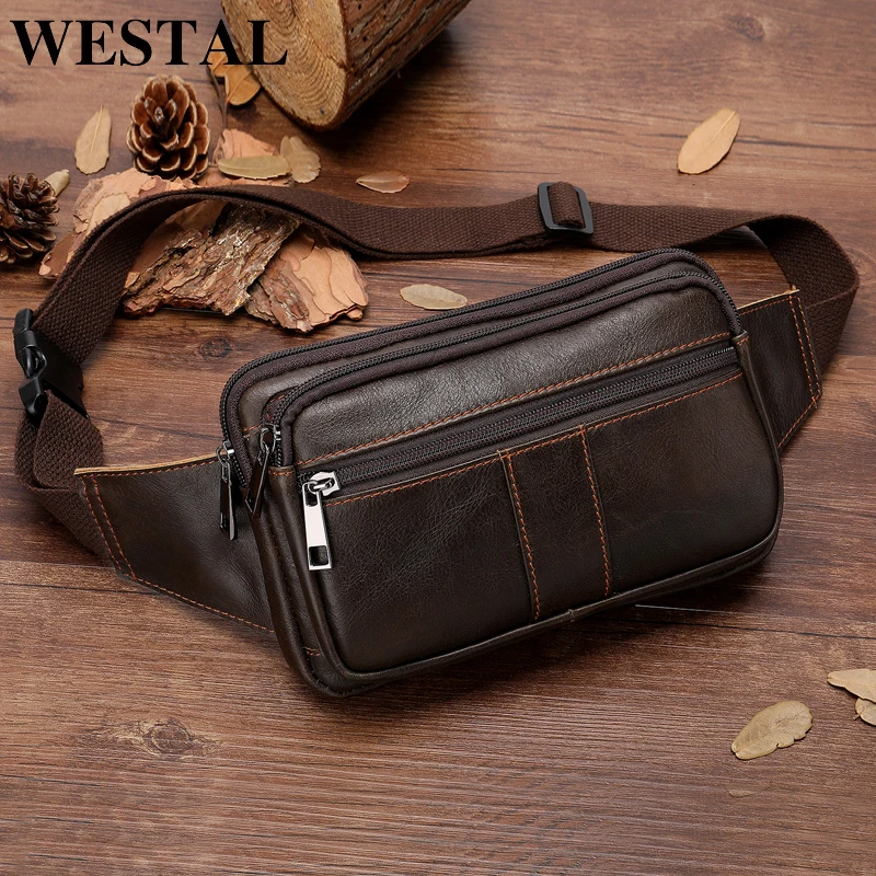 WESTAL genuine leather male Waist Pack Fanny Pack men Leather Belt Waist bags phone pack small chest messenger for man 8977