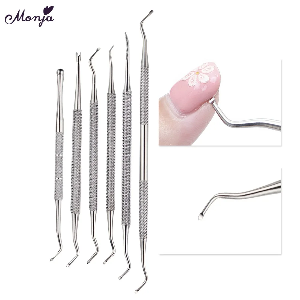 Monja Dual End Nail Art Stainless Steel Cuticle Pusher Groove Pick Corrector Toe Dead Skin Foot Cleaning Care Pedicure Tool