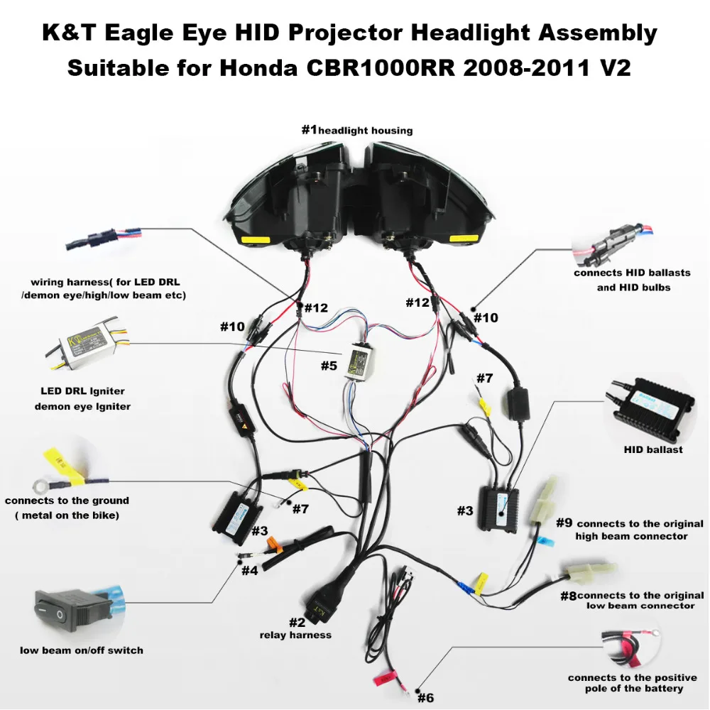 KT фара для Honda CBR1000RR 2008-2011 LED крючке красный демон глаз Мотоцикл HID сборки проектора