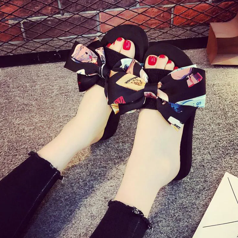 Сандалии женские с бантом пляжные шлепанцы плоская подошва цветочные летняя