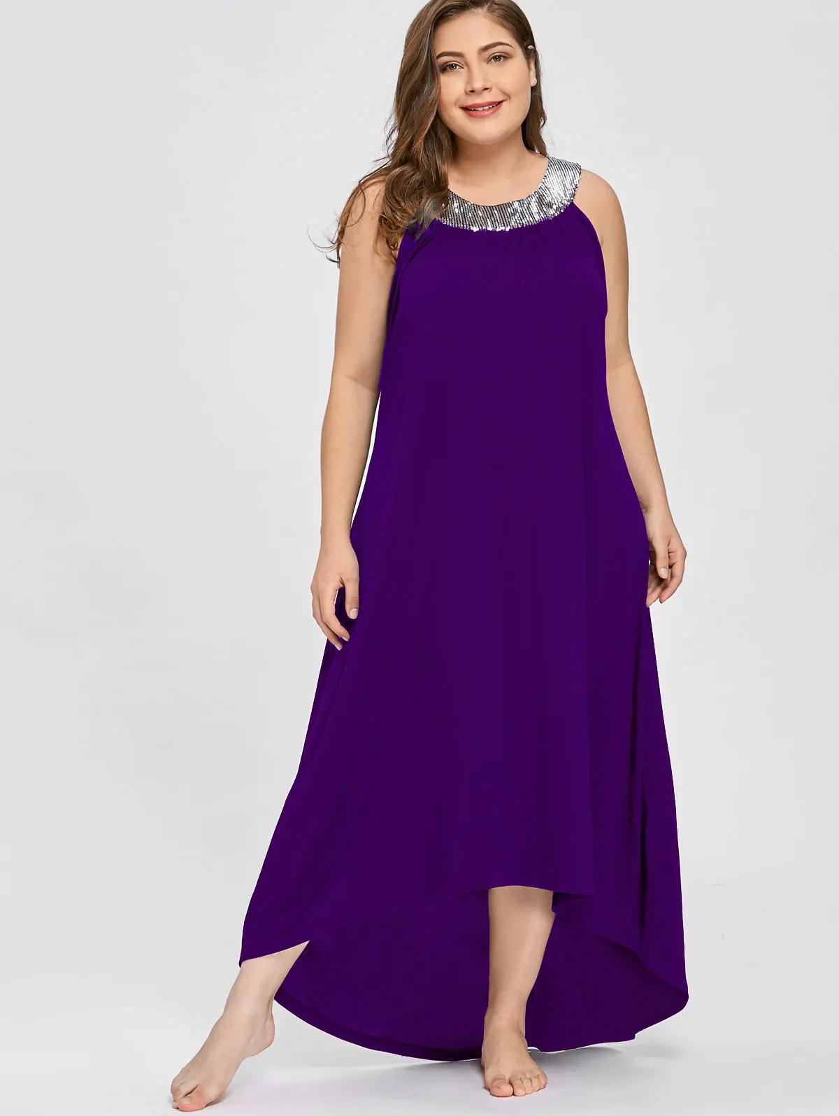 Женское платье с блестками Wipalo Черное длинное без рукавов большого размера 5XL для