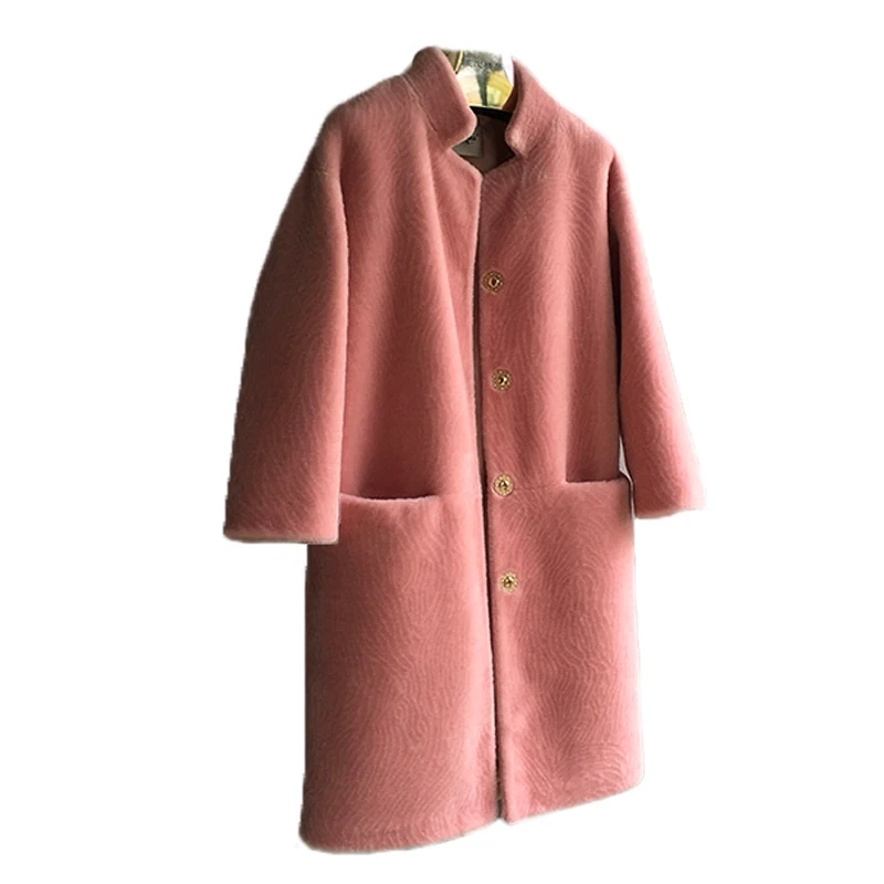 

Natural wool coats outerwear women warm jackets female stand collar pockets single breasted wool overcoat 2019 new autumn winter