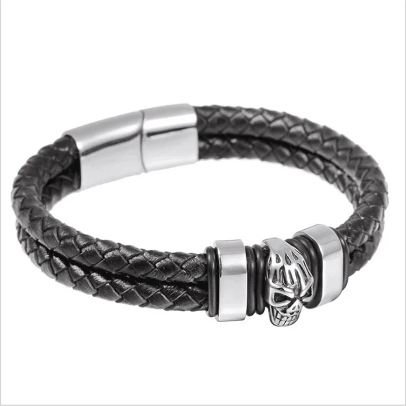 Стильный кожаный браслет с черепом и в стиле панк многослойные черные