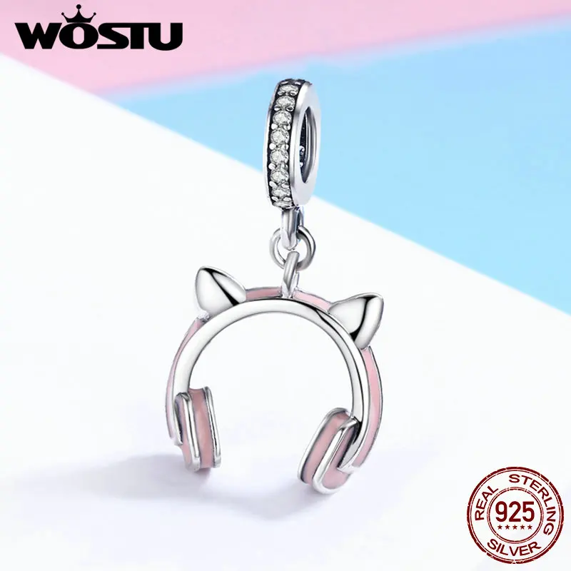 WOSTU, высокое качество, 925 пробы, серебряные, кошачьи наушники, Висячие, подвеска, шарм, подходит для женщин, браслет, сделай сам, бусины, ювелирное изделие CQC441