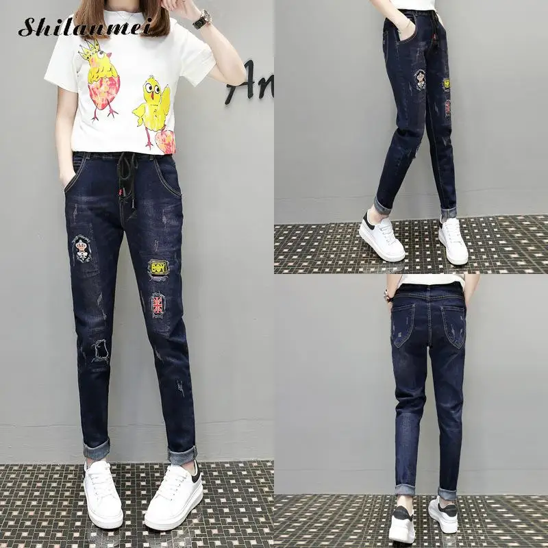 20 Для женщин Джинсы для эластичный пояс Кружево карманных Вышивка потертые