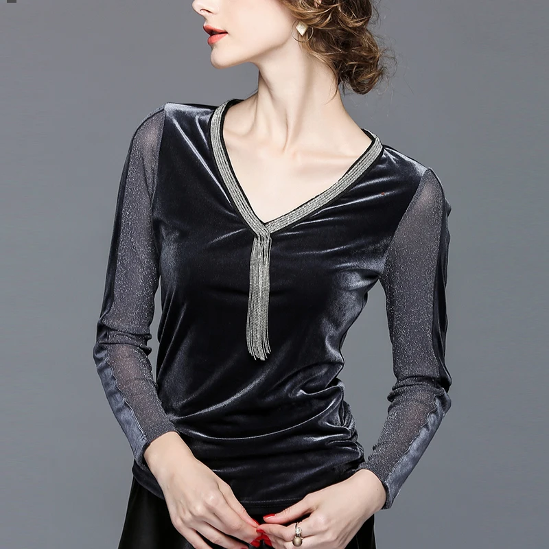 Женская велюровая футболка с длинным рукавом и v-образным вырезом стрейчевая