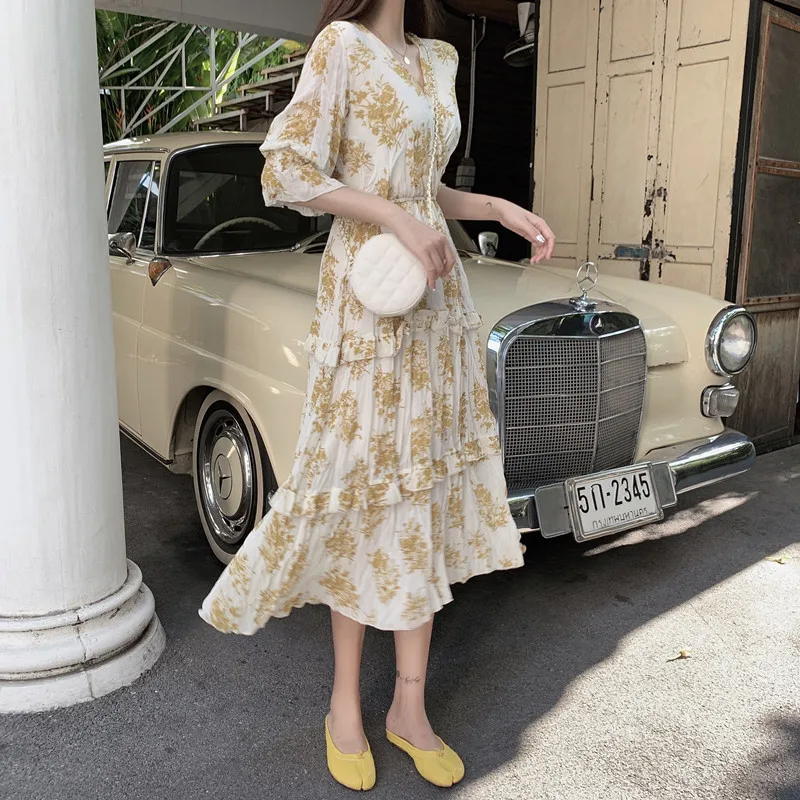 2019 лето новый халат femme шифон Цветочный Тонкий платье короткий рукав v-образный