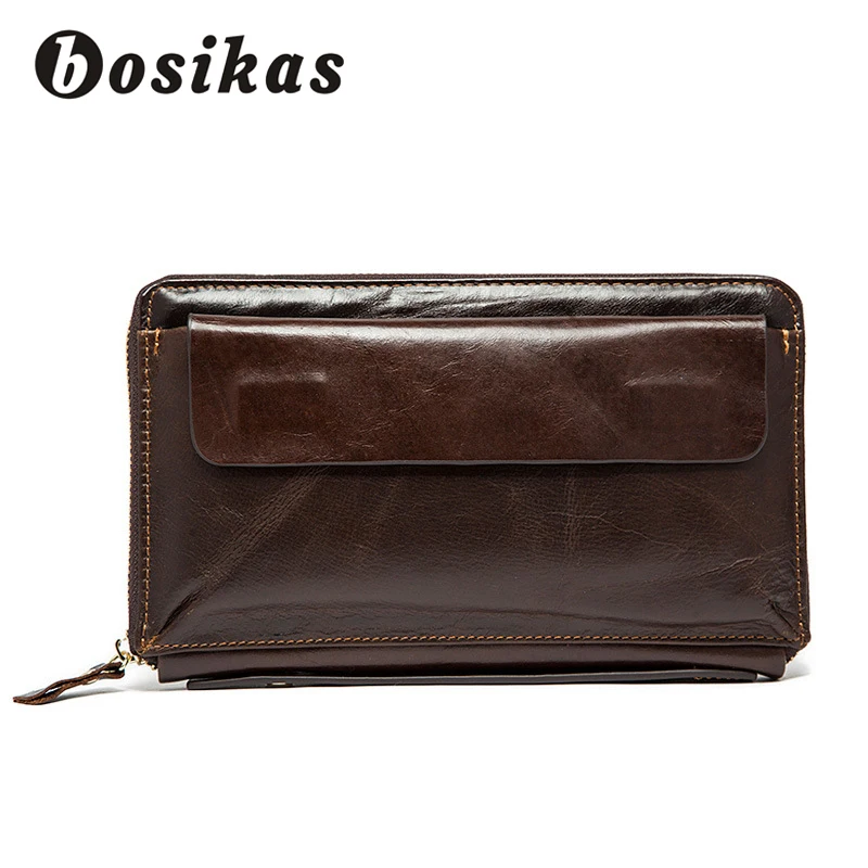 BOSIKAS мужской кожаный клип для денег на молнии длинный телефон кошелек из