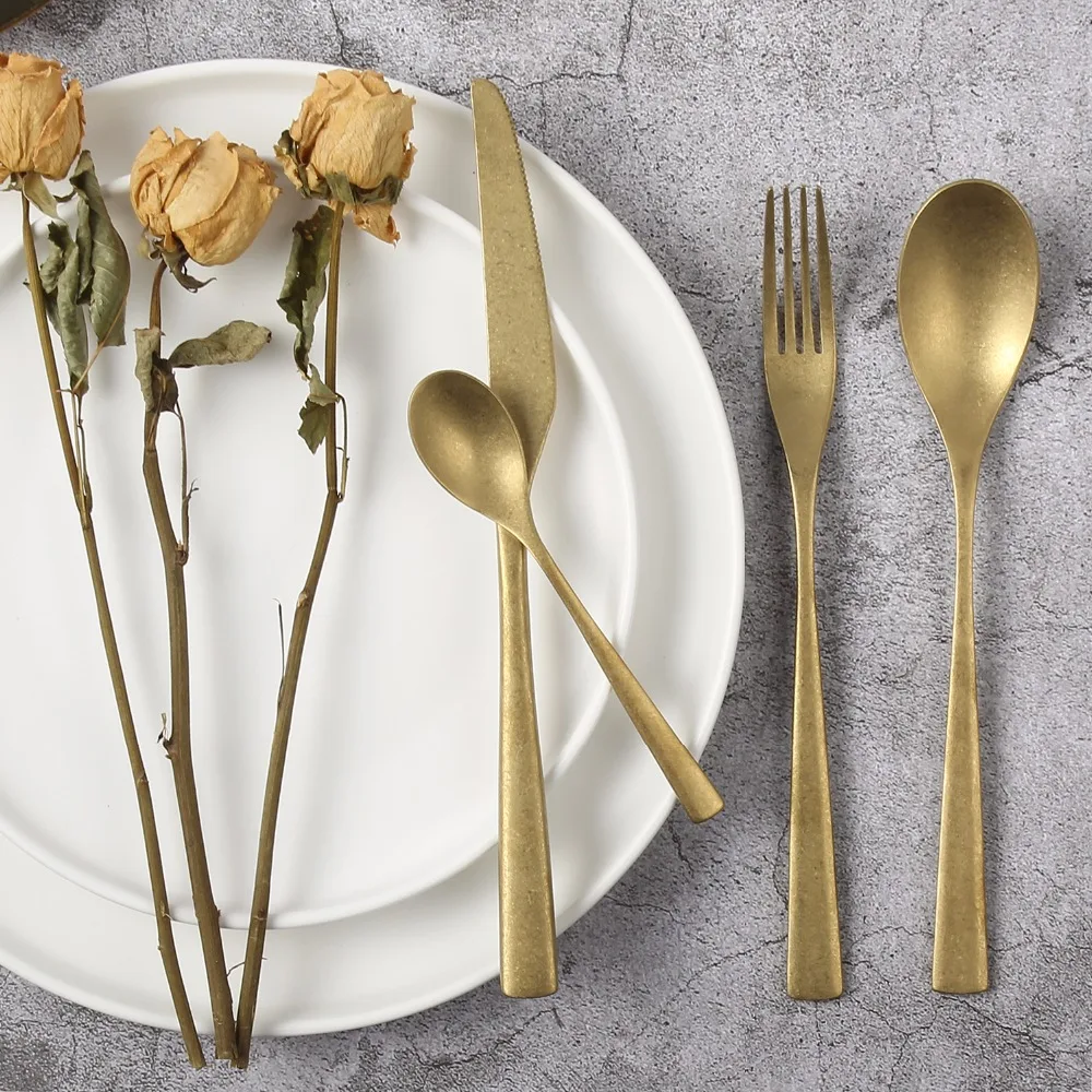

16 Pcs/set Golden Making Old Cutlery Dinner Table Sets Tableware Stainless Steel Gold Fork Spoon Knife Set Dinnerware Restaurant
