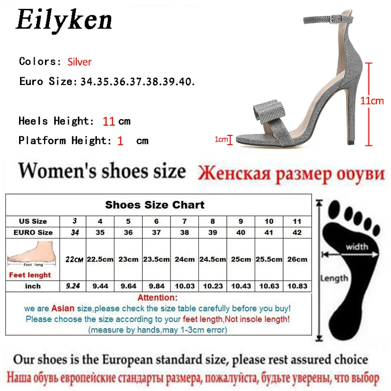 Eilyken/Новинка года; серебристые женские босоножки с ремешком на щиколотке; вечерние босоножки на высоком каблуке 11 см с пряжкой и бантом; Размеры 35-40