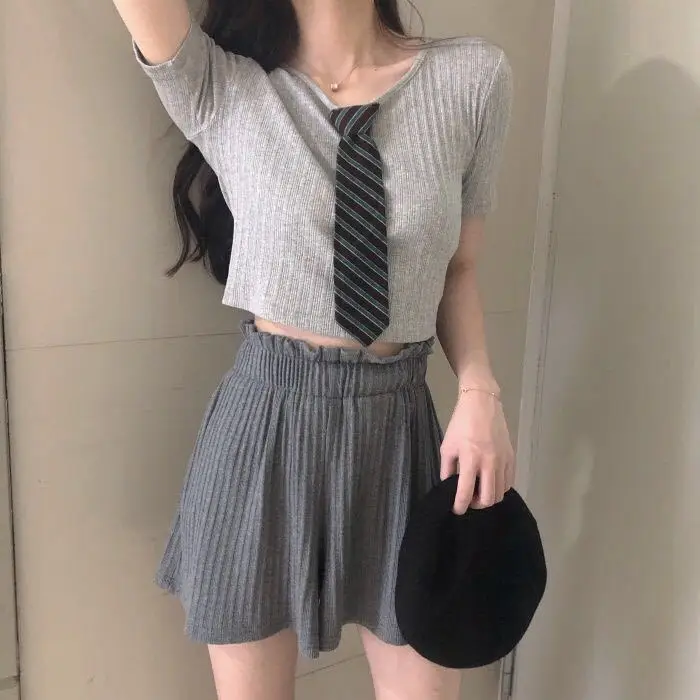 set with tie Сексуальный короткий комплект из двух предметов, укороченный топ и эластичные шорты, Женский комплект, однотонный серый спортивный костюм, комплекты летней одежды для женщин - Цвет: set with tie