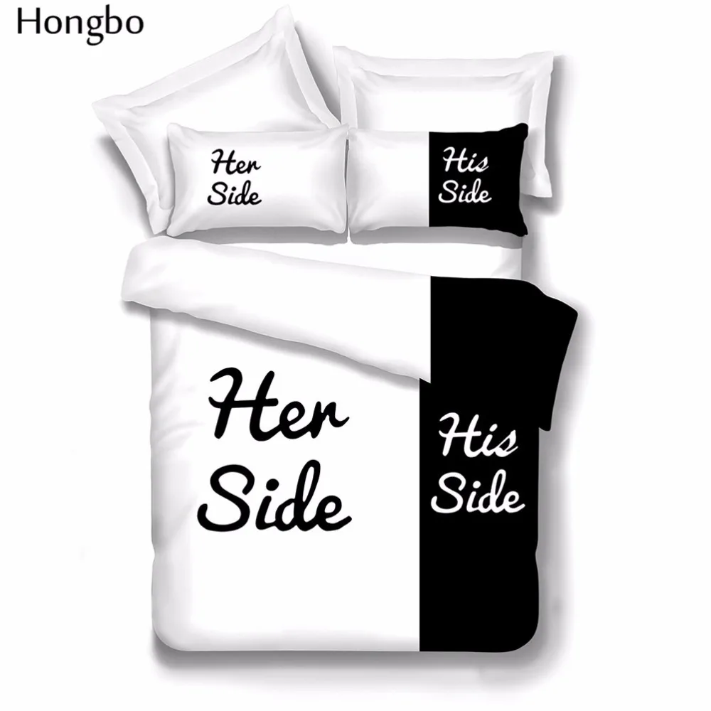 Постельное белье Hongbo черно белое с надписью Her Side His комплекты постельного белья