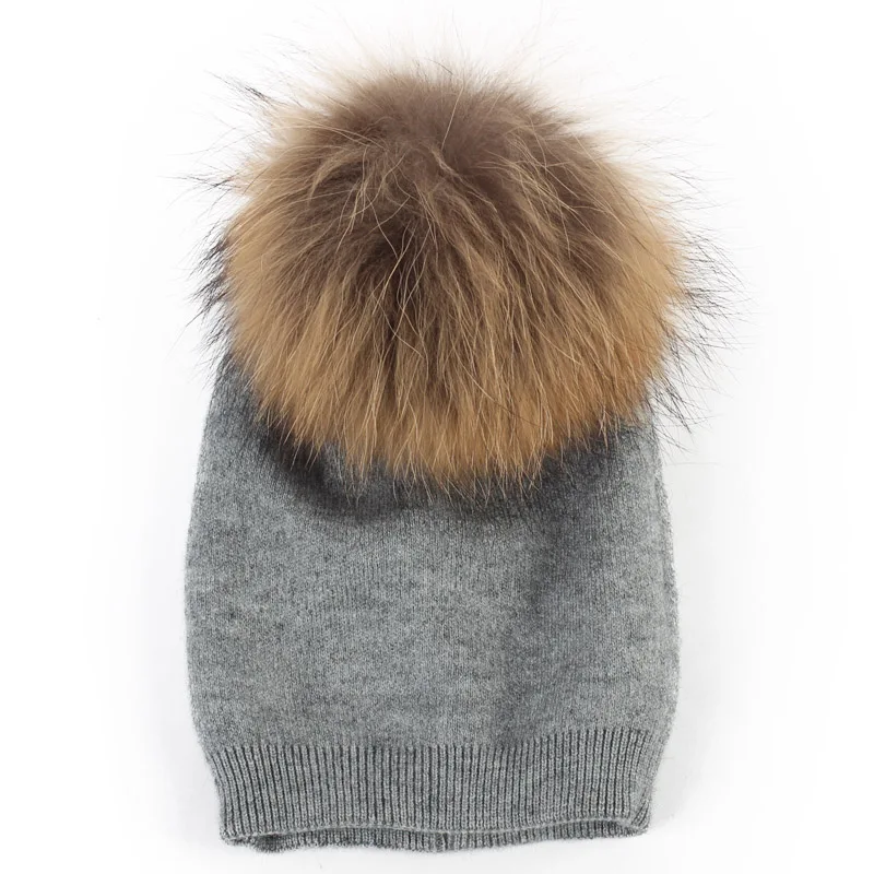Light Grey A Детская шапочка, Осенняя шерстяная шапка Skullies, шапочки с помпоном из меха енота для новорожденных мальчиков и девочек, громоздкая зимняя шапка с помпоном из натурального меха - Цвет: Light Grey A