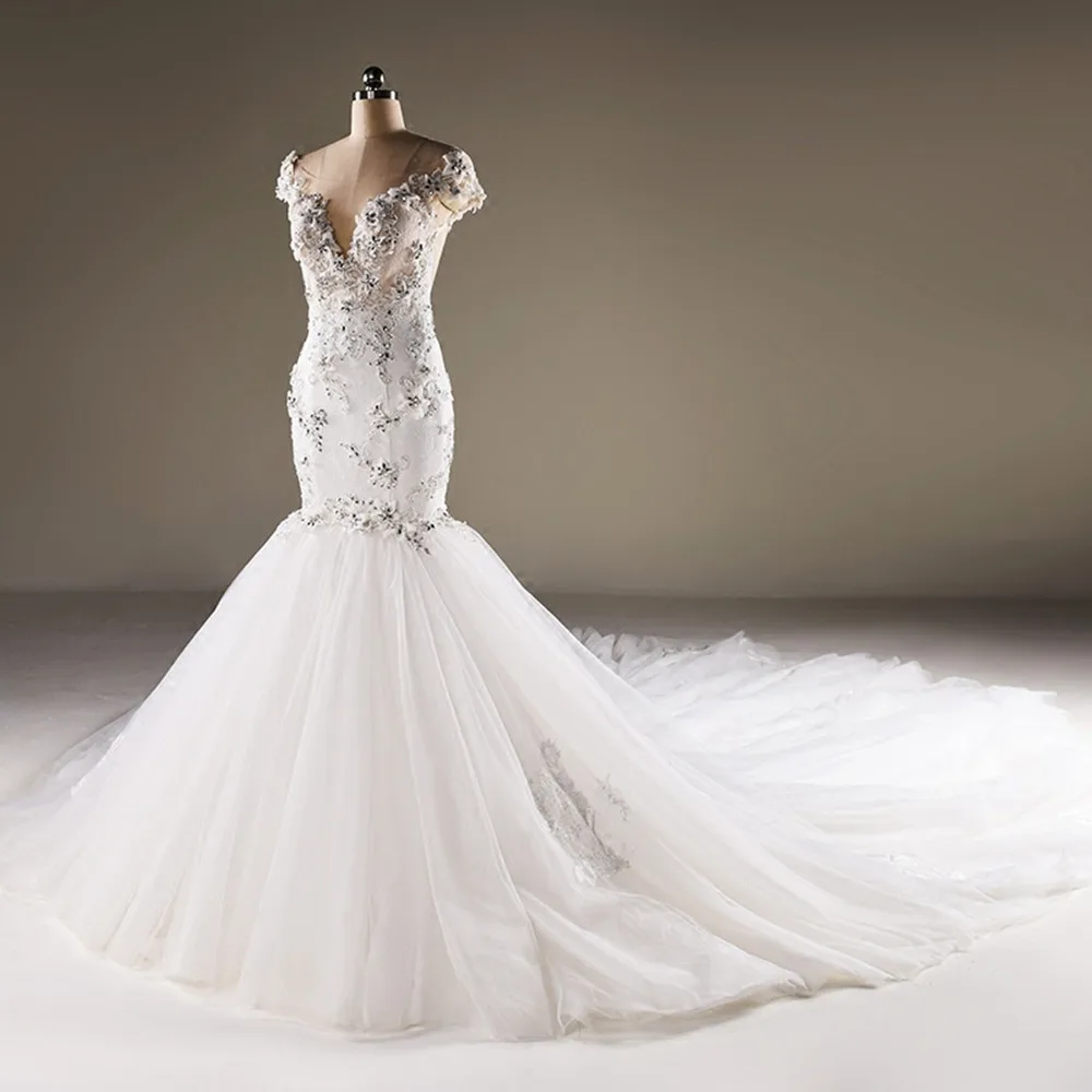Vestido De Noiva Свадебные платья русалки Часовня Шлейфы для свадебных платьев сексуальное глубокое круглое декольте свадебное платье модный халат De Mariage