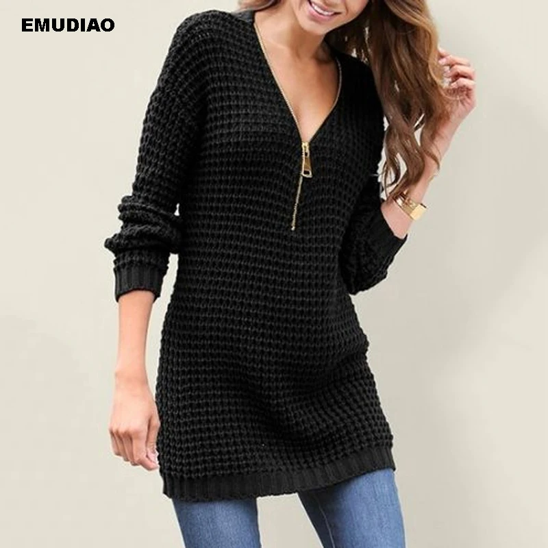 Женский вязаный свитер на молнии с длинным рукавом и v-образным вырезом