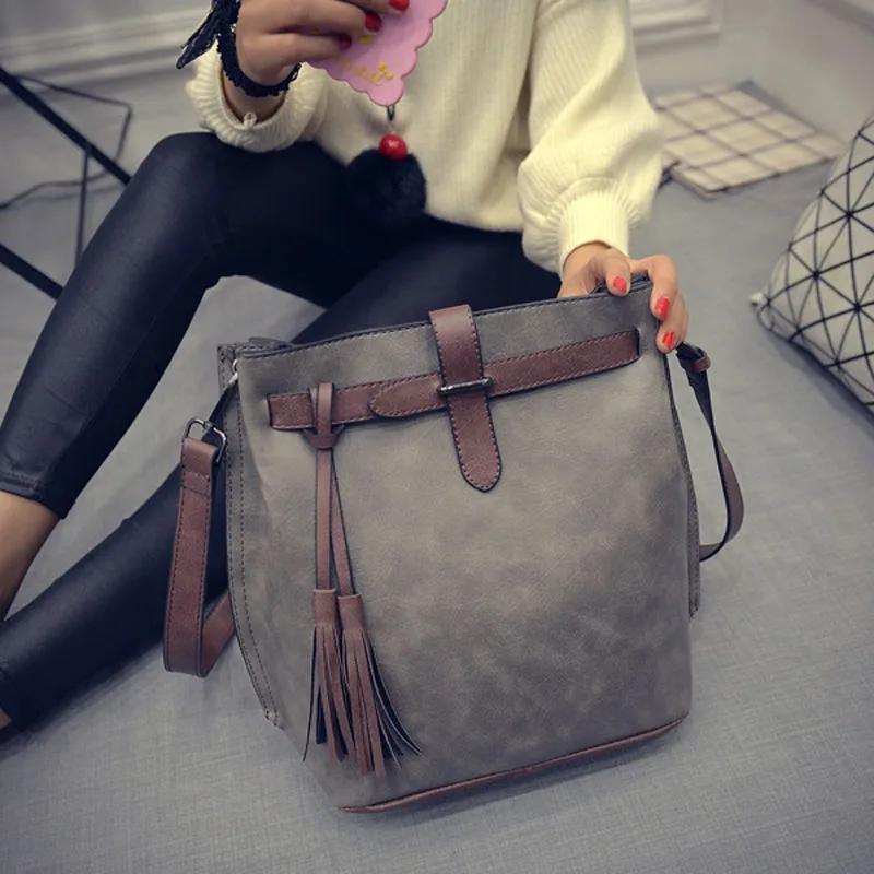 Hot Koop Nieuwe Vrouwen PU Lederen Handtassen Kwastje Modeontwerper Zwarte Emmer Vintage Schoudertassen Messenger Bag | Багаж и сумки