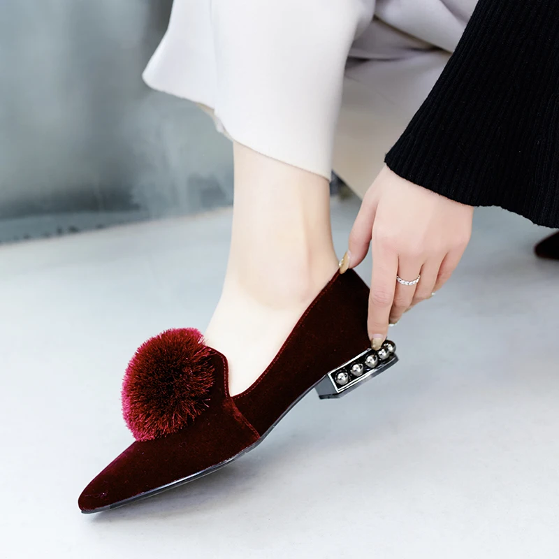 

ISNOM Pleuche Pumps Women Pointed Toe Slip On Footwear Unusual Heel Shoes Female Appliques Shoes Woman 2019 Spring New New