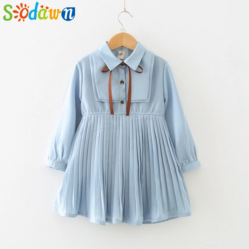 Детское плиссированное платье Sodawn принцессы с длинным рукавом и поясом на осень