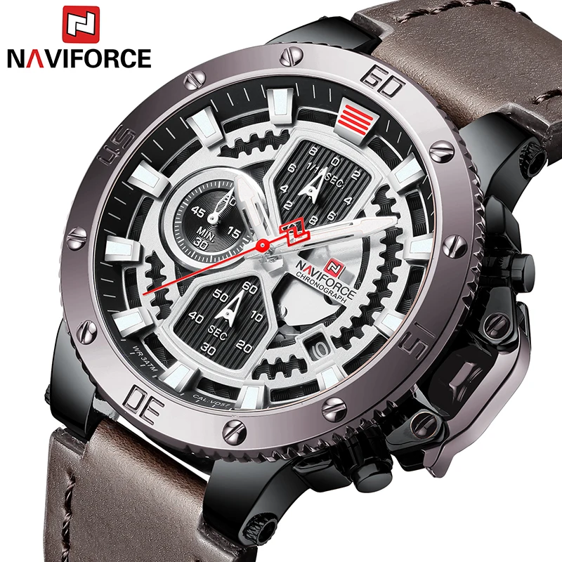 NAVIFORCE кожаный Хронограф Кварцевые часы для мужчин Топ Бренд роскошные кожаные