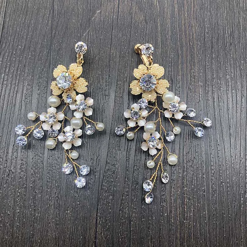 SLBRIDAL Стразы ручной работы кристалл жемчуг Клип на свадебные серьги с подвесками Свадебная люстра серьги Модные женские Девушки Ювелирные изделия