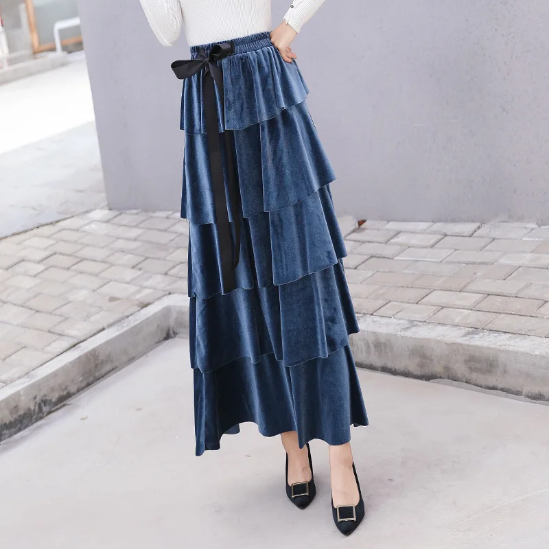 2019 Новое поступление Весенняя длинная Плиссированная юбка Золотая Бархатная