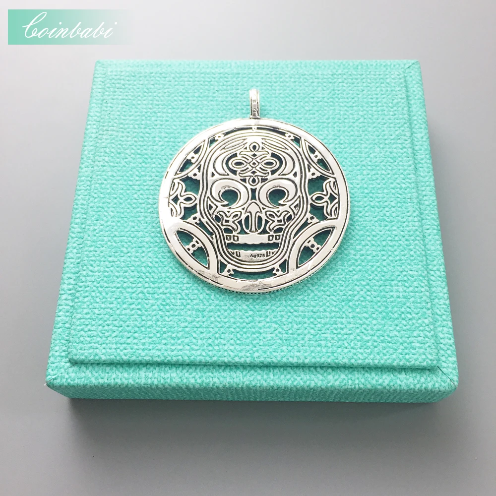 Круглое ожерелье с подвеской в виде диска черепом из серебра 925 пробы черного