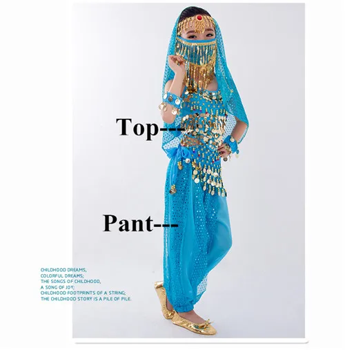 Ocean Blue 2pcs Танец живота Костюм для детей девочек восточный индийский Египетский костюм платье танец живота Болливуд костюмы топ брюки пояс вуаль - Цвет: Ocean Blue 2pcs