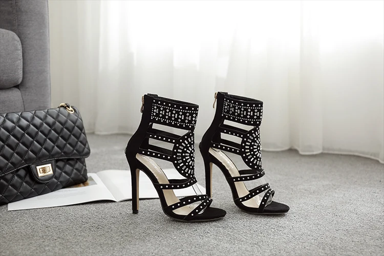 Women sandals Zipper High Heels Wedding Lady Shoes Flock Crystal Women Pumps Thin Heels Chaussure Femme Talon gladiator sandals
