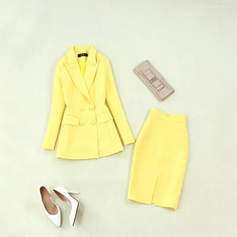 Set women's new fashion long-sleeved double-breasted women's yellow long paragraph suit + bag hip high waist skirt OL wind suit