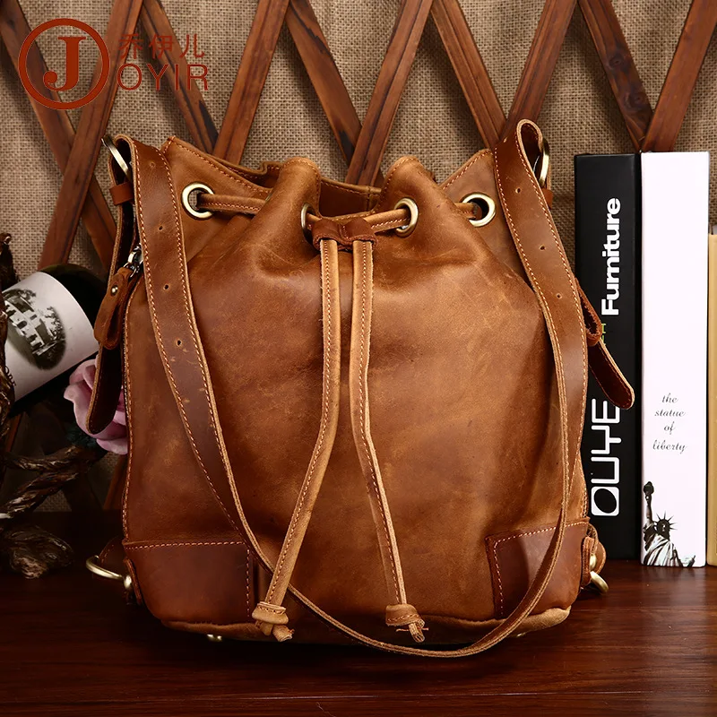 Винтажная Мода 100% сумка ведро из натуральной кожи женская Двойные коричневые